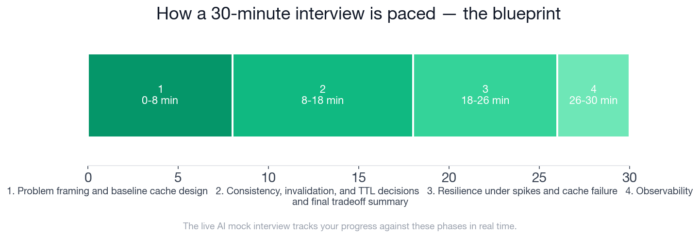 The 30-minute Backend Developer distributed caching interview blueprint across four phases
