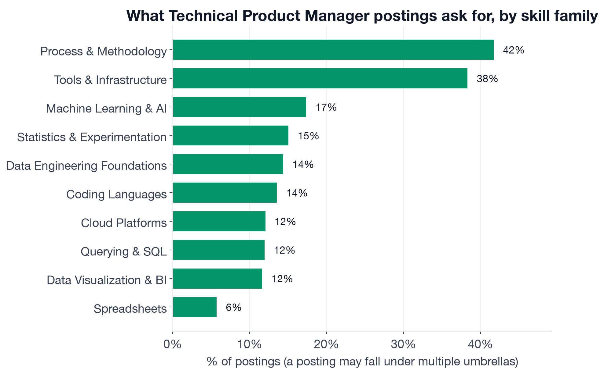 Skill families in Technical Product Manager postings: Process and Methodology 42%, Tools and Infrastructure 38%, Machine Learning and AI 17%, Statistics and Experimentation 15%, Coding Languages 14%, Cloud Platforms 12%, Querying and SQL 12%
