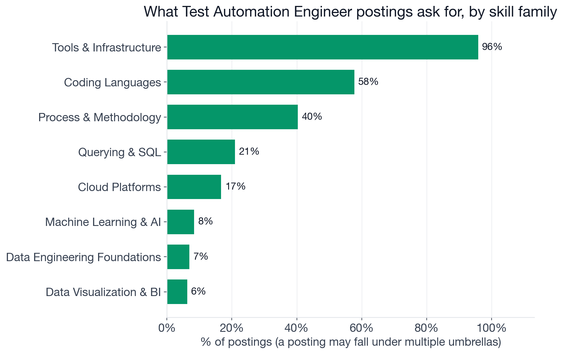 Test Automation Engineer skill families: Tools & Infrastructure 95.9%, Other 91.4%, Coding Languages 57.7%, Process & Methodology 40.3%, Querying & SQL 21.0%, Cloud Platforms 16.7%, Machine Learning & AI 8.4%